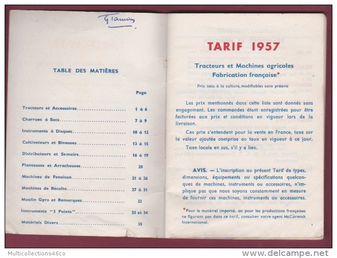 130218 Livret Publicitaire Agriculture 1957 Tarif Tracteur Machine CIMA MC CORMICK Semoir Faucheuse Charrue Attelage - Agriculture