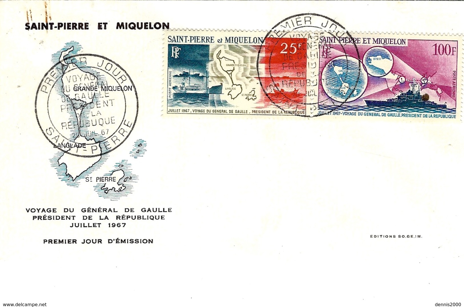 1867- Premier Jour D'émission- Voyage Du Général De Gaulle  - SAINT-PIERRE  N° 38 Et 39 Ae - Cartas & Documentos