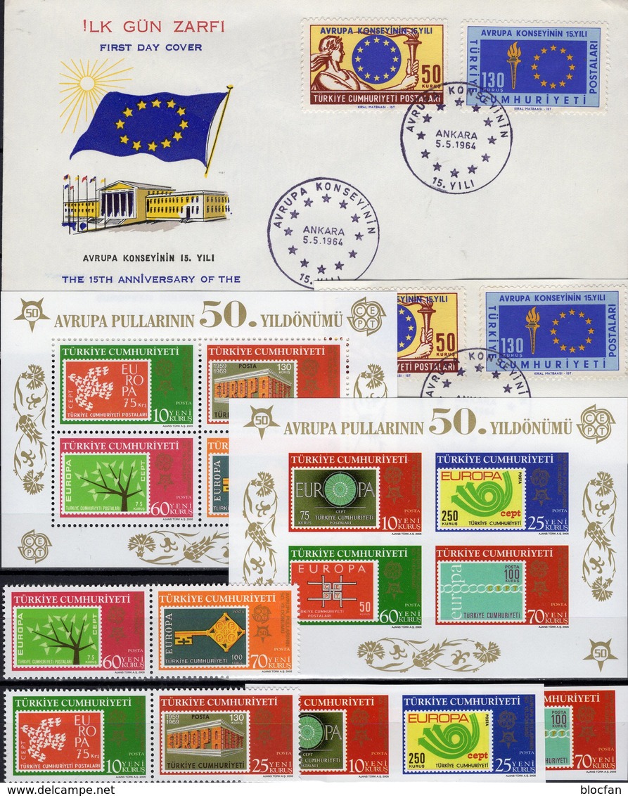 Europarat 1964 Türkei 3491/8,Bl.58/9 **,1901/2+FDC 54€ Mitläufer Flagge Star Flags Blocs M/s Sheets 50years Türkiye - Briefe U. Dokumente