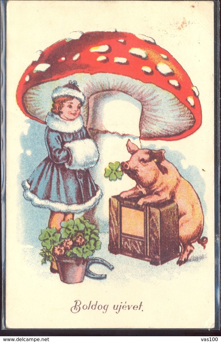 CPA MUSHROOMS, GIRL, PIG, HORSE SHOE, CLOVER, RADIO - Champignons