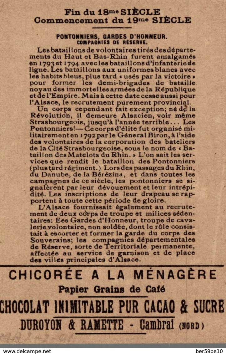 CHROMO CHICOREE A LA MENAGERE CHOCOLAT DUROYON & RAMETTE PONTONNIERS GARDES D'HONNEUR COMPAGNIES DE RESERVE - Duroyon & Ramette