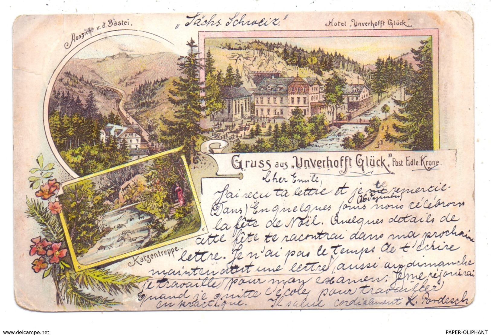 0-8233 EDLE KRONE, Hotel Unverhofft Glück, Lithographie 1898 - Tharandt