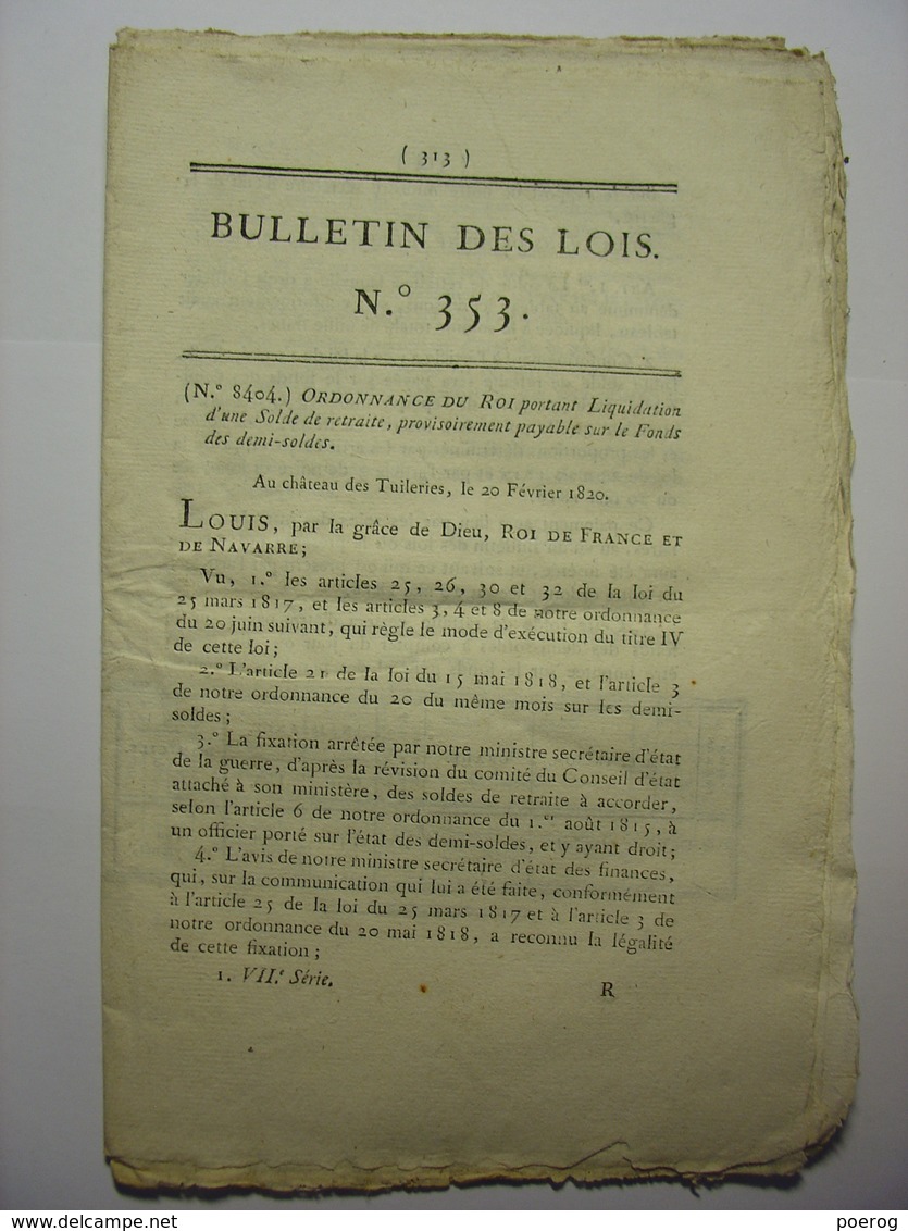 BULLETIN DES LOIS 28 MARS 1820 - GENDARMERIE D'ELITE - FINISTERE - POUDRES - GENDARMERIE DES CHASSES ET VOYAGES DU ROI - Wetten & Decreten