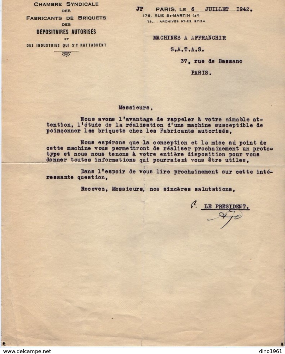 VP13.361 - PARIS 1942 - Lettre De La Chambre Syndicale Des Fabricants De Briquets + La Réponse De La Société S.A.T.A.S. - Documents