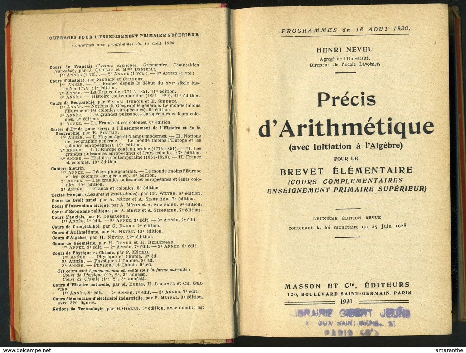 Précis D' ARITHMETIQUE - 1931 - 18 Ans Et Plus