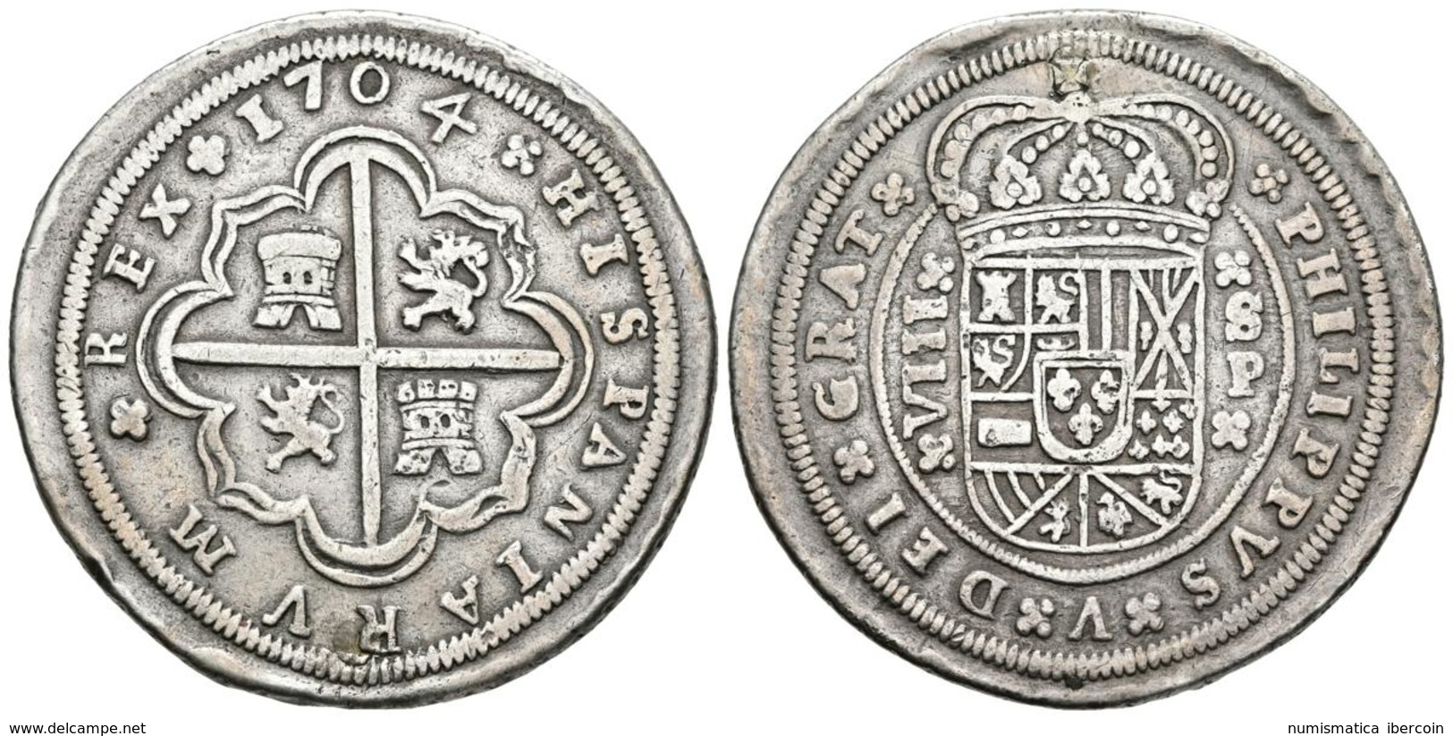 FELIPE V. 8 Reales. 1704. Sevilla P. Cal-922. Ar. 25,93g. Perforación Cuidadosamente Reparada A Las 12h. MBC. Rara. - Autres & Non Classés