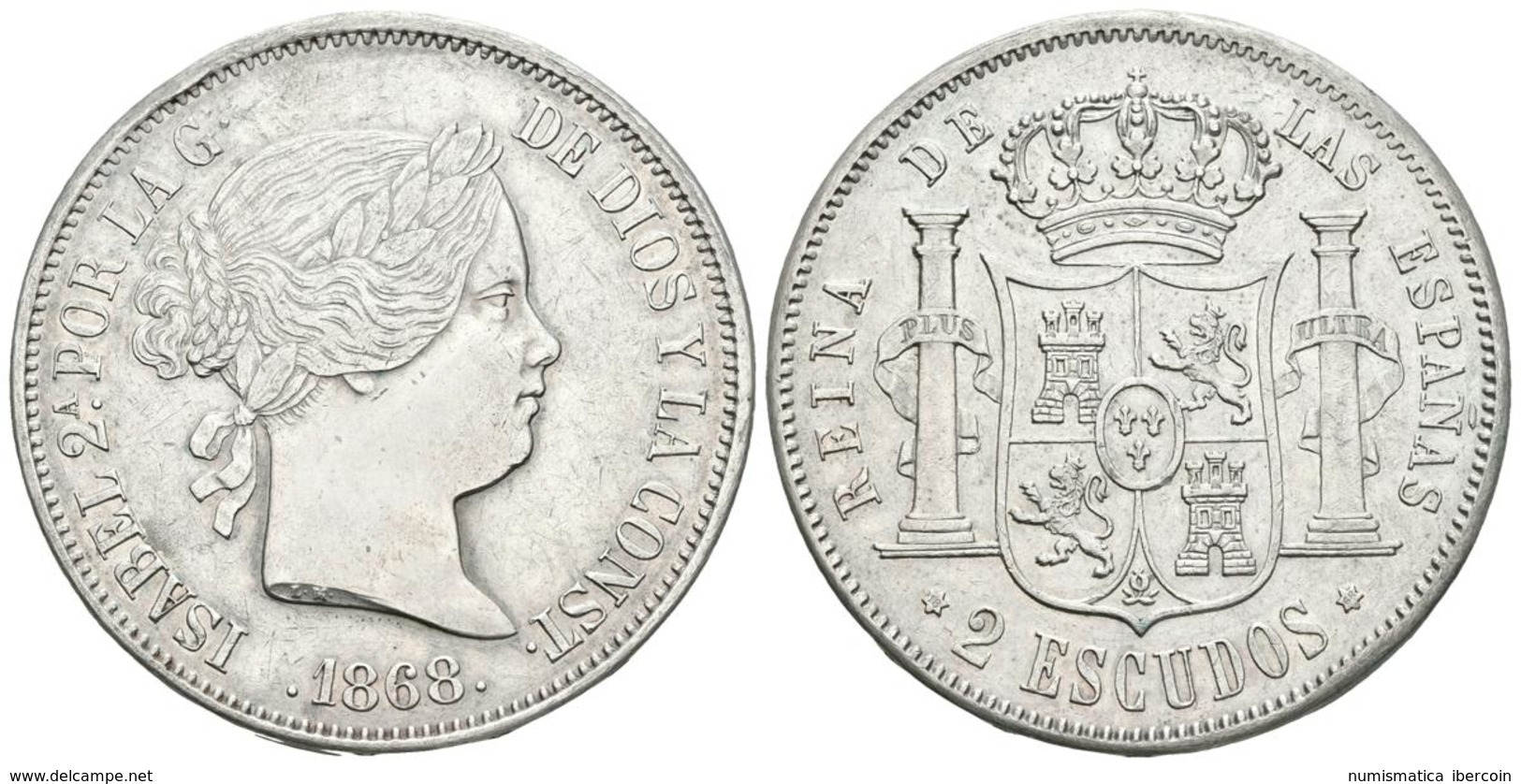 ISABEL II. 2 Escudos. 1868 *18-68. Madrid. Cal-205. Ar. 25,80g. Leve Golpecito En El Canto. EBC-/EBC. - Otros & Sin Clasificación