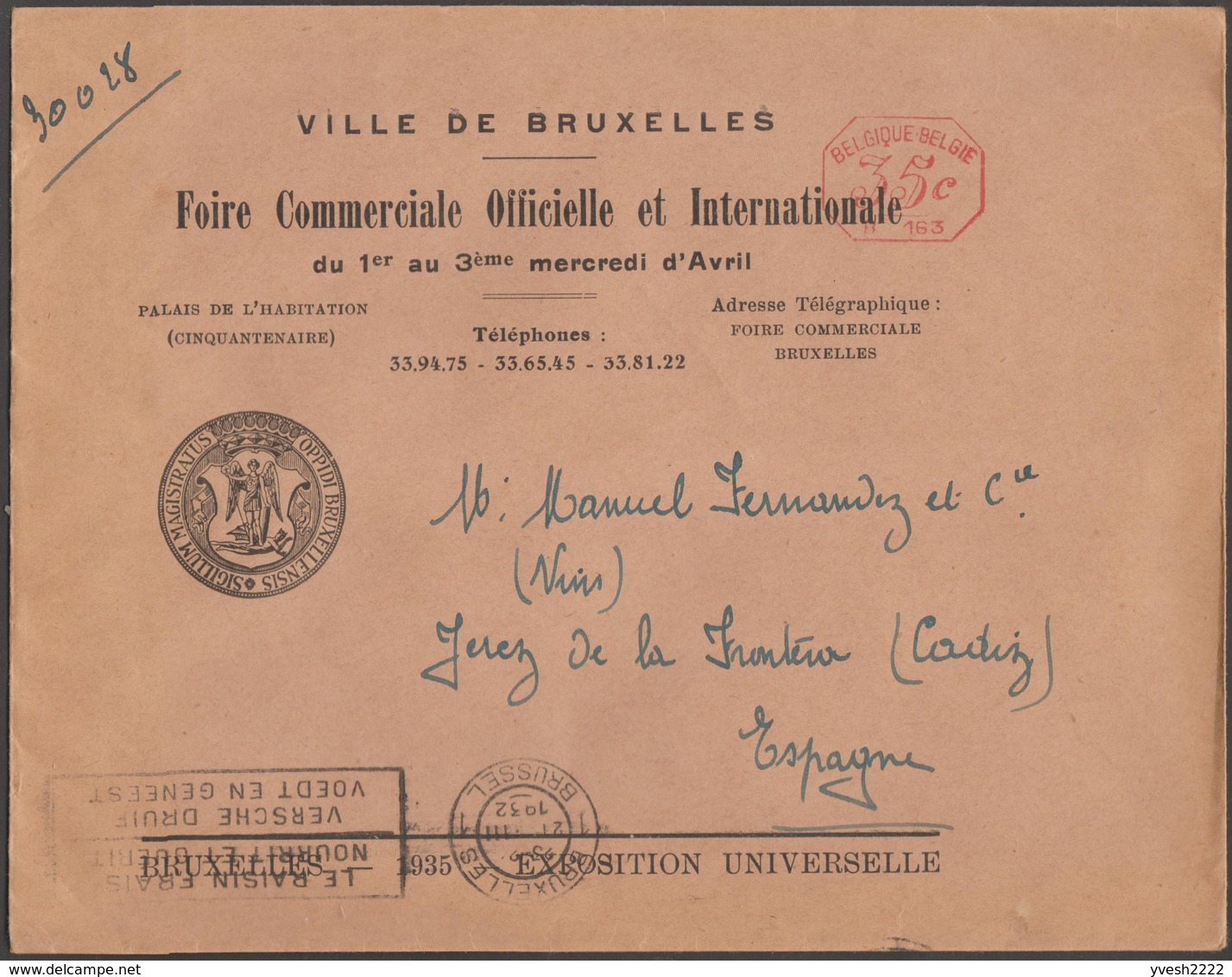 Belgique 1935. Empreinte De Machine à Affranchir Du Bureau De L'Exposition Universelle. Lettre Pour L'Espagne - 1935 – Brussel (België)