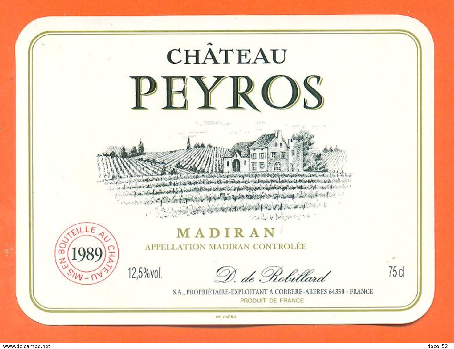 étiquette Vin De Madiran Chateau Peyros 1989 D De Robillard à Corbere Aberes - 75 Cl - Madiran