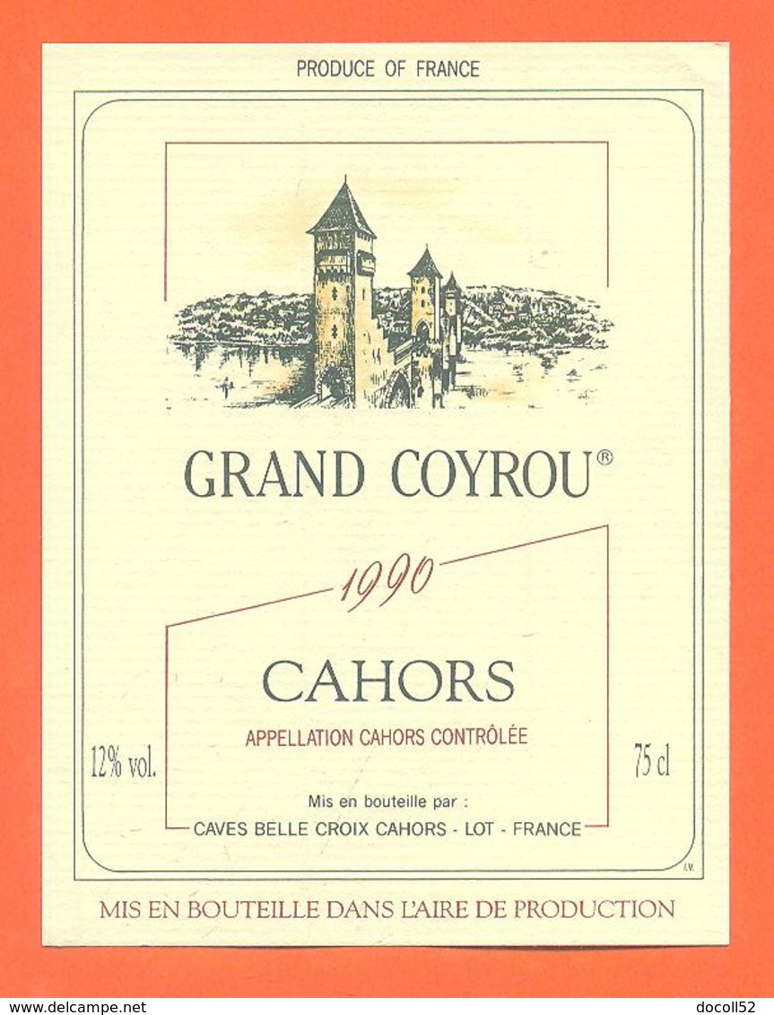 étiquette Vin De Cahors Grand Coyrou 1990 Caves Belle Croix à Cahors - 75 Cl - Cahors