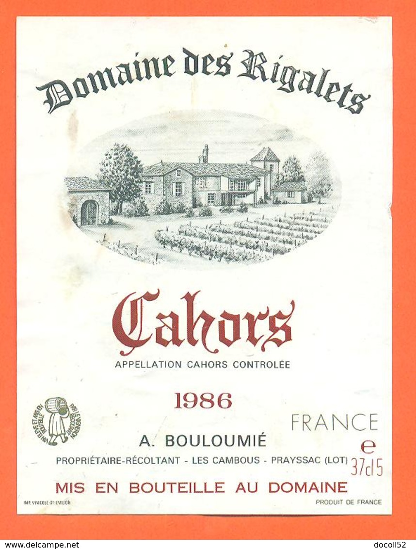 étiquette De Vin Cahors Domaine Des Rigalets 1986 A Bouloumié à Les Cambous - 37,5 Cl - Cahors