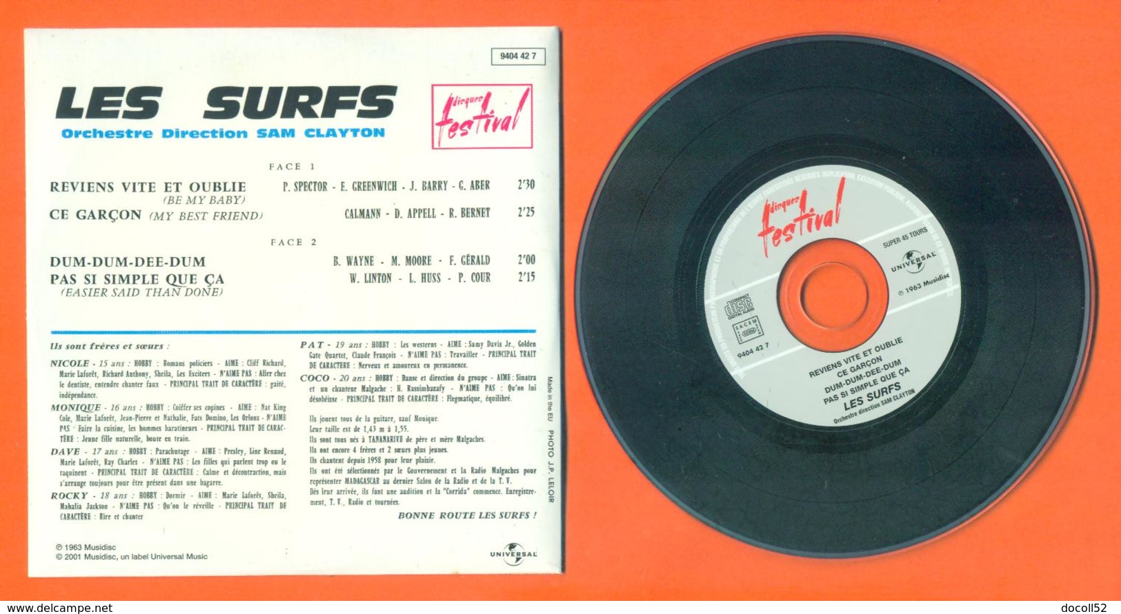 Les Surfs CD 4 Titres Pochette Reproduction Du 45 Tours De L'époque - 2 Scans - Collectors