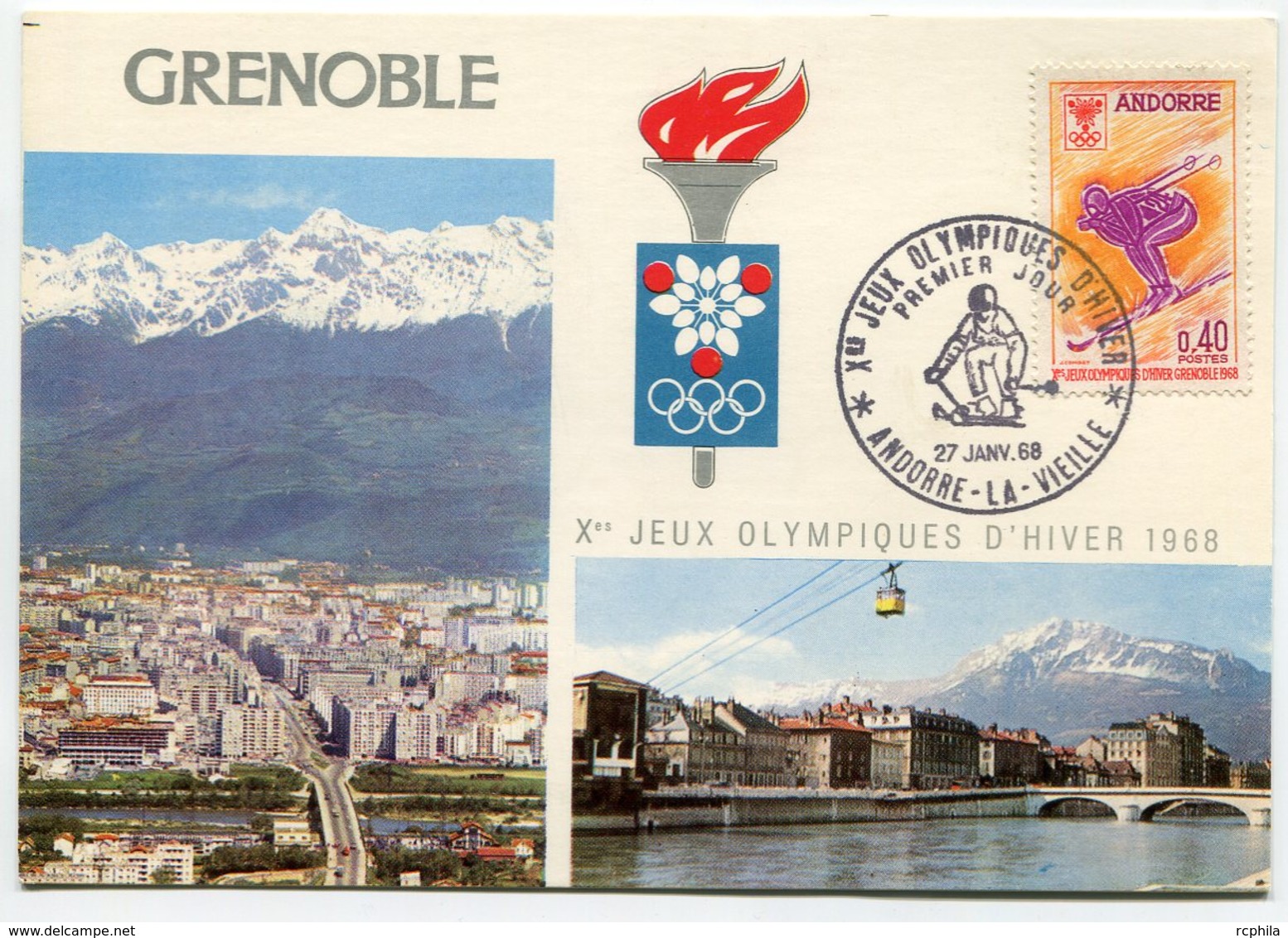 RC 10476 ANDORRE JEUX OLYMPIQUES DE GRENOBLE 1968 SKI SUR CARTE GRENOBLE JEUX OLYMPIQUES 1er JOUR FDC TB - Lettres & Documents