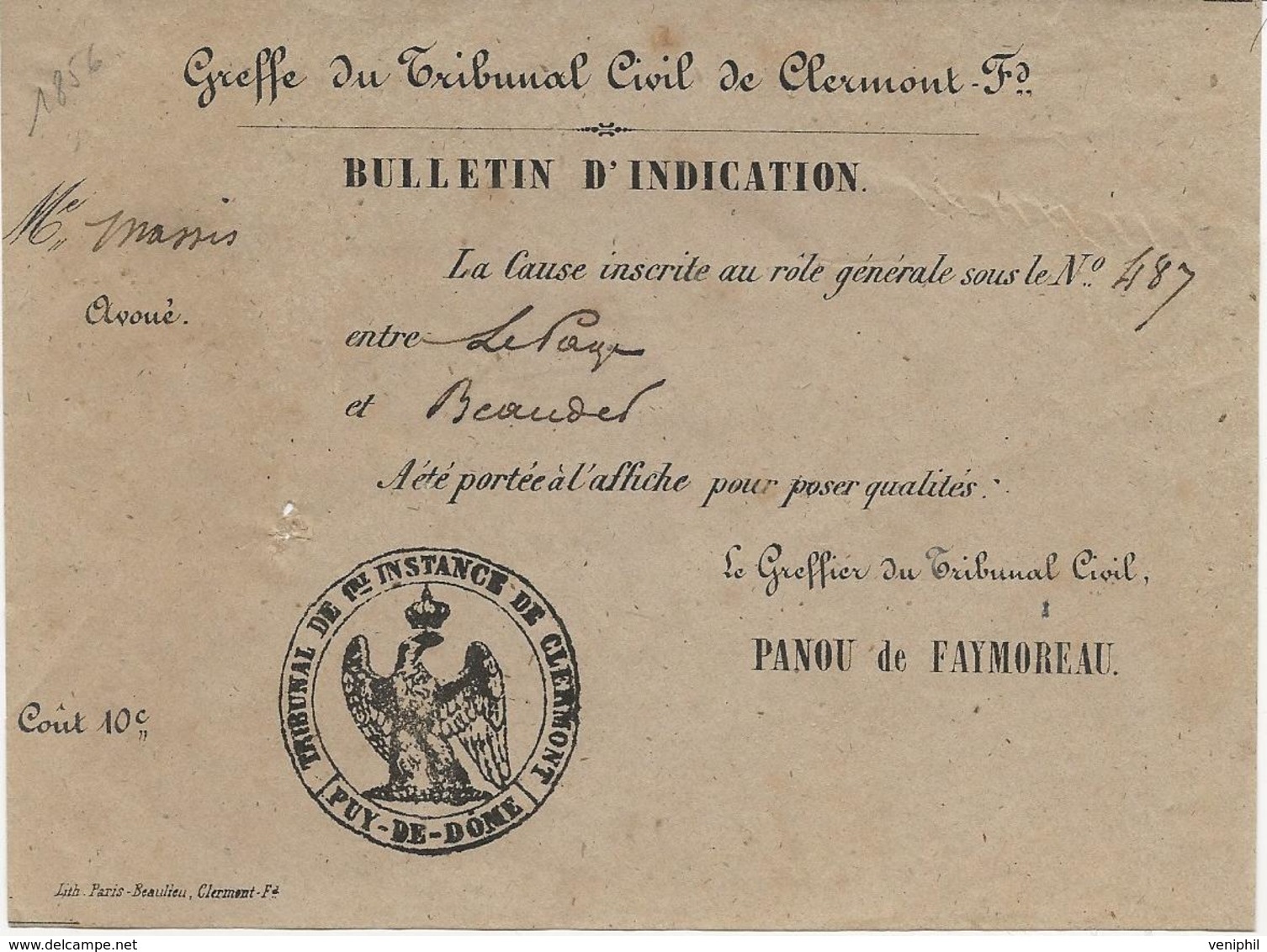 BULLETIN D'INDICATION - TRIBUNAL CIVIL DE CLERMONT- FERRAND -1856 - Matasellos Generales