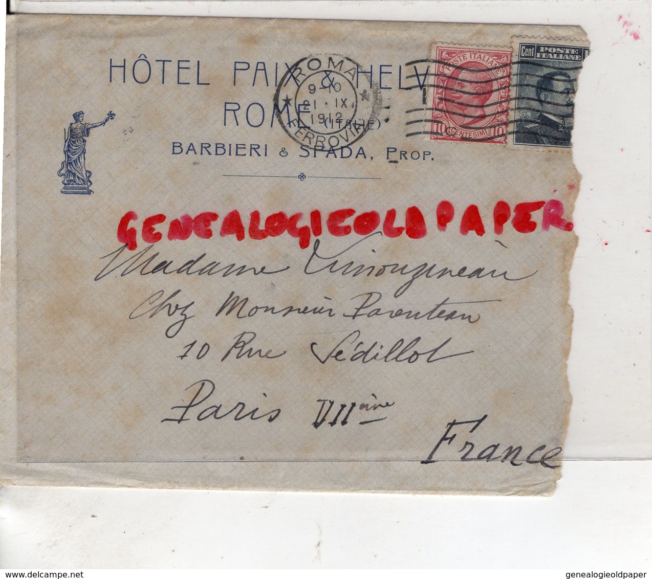 ITALIE- ROMA- ROME- RARE LETTRE HOTEL PAIX ET HELVETIA-BARBIERI & SPADA PROPRIETAIRES- MME LIMOUZINEAU PARIS 1912 - Italië