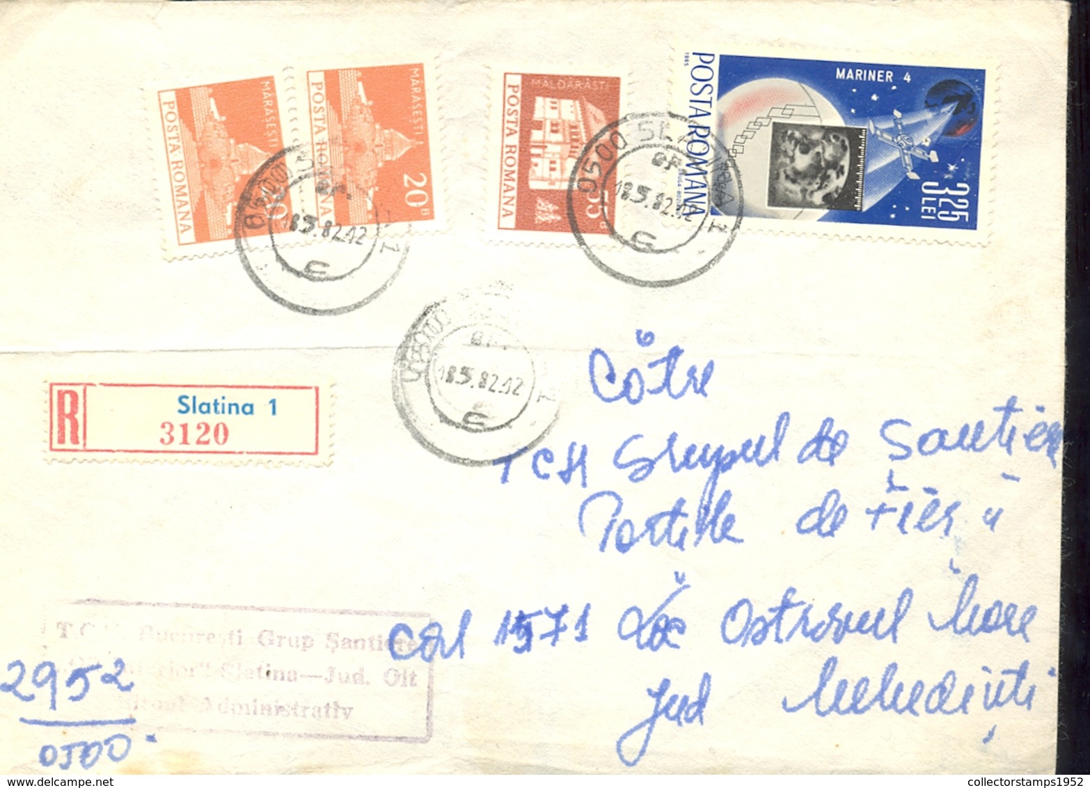 74275- MARASESTI MAUSOLEUM, MANOR, MARINER 4 SPACE PROBE, STAMPS ON REGISTERED COVER, 1982, ROMANIA - Lettres & Documents