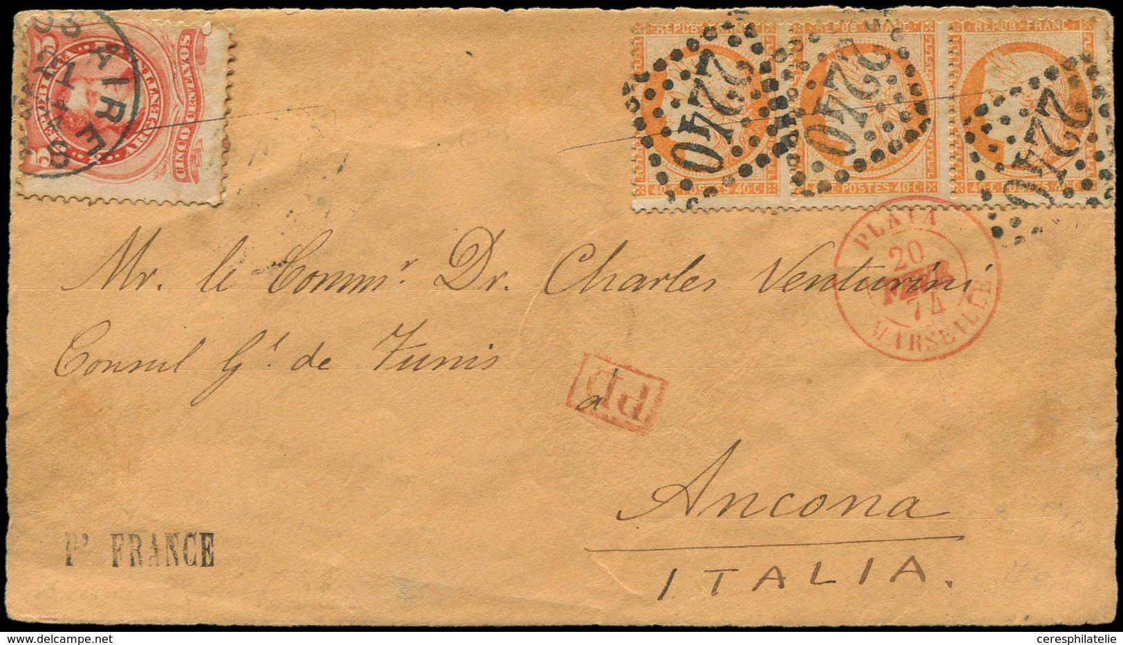 Let SIEGE DE PARIS - 38   40c. Orange, BANDE De 3 Obl. GC 2240 S. DL, MIXTE Avec 5c. D'ARGENTINE Obl. Buenos Aires, à Cô - 1870 Belagerung Von Paris