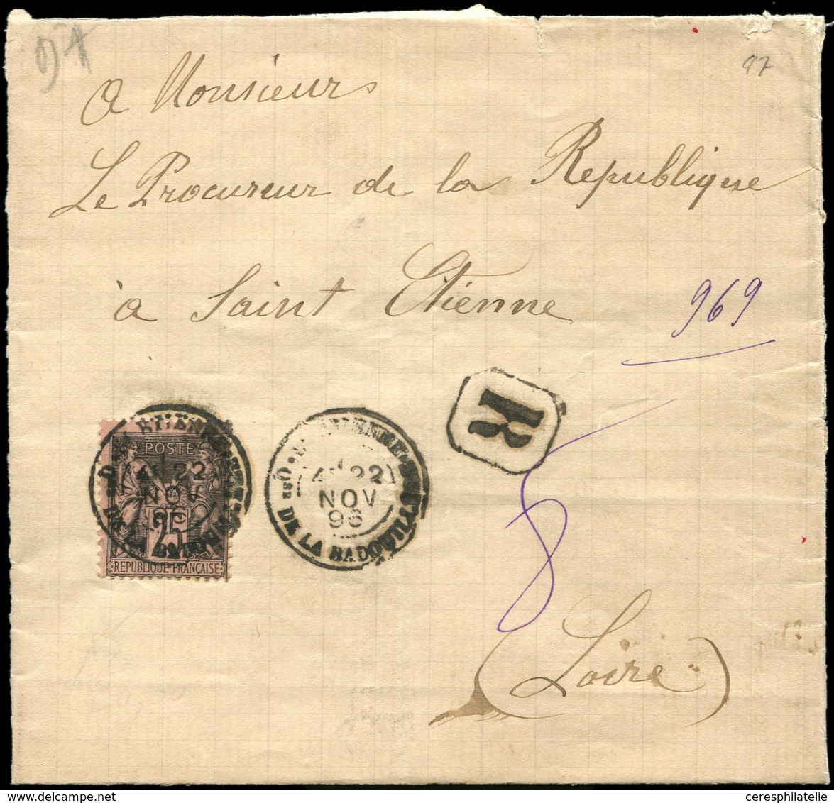 Let TYPE SAGE SUR LETTRES - N°97 Obl. Càd ST ETIENNE 22/11/96 S. Env. Rec. En Franchise (taxe De Recommandation Seule),  - 1877-1920: Semi-Moderne