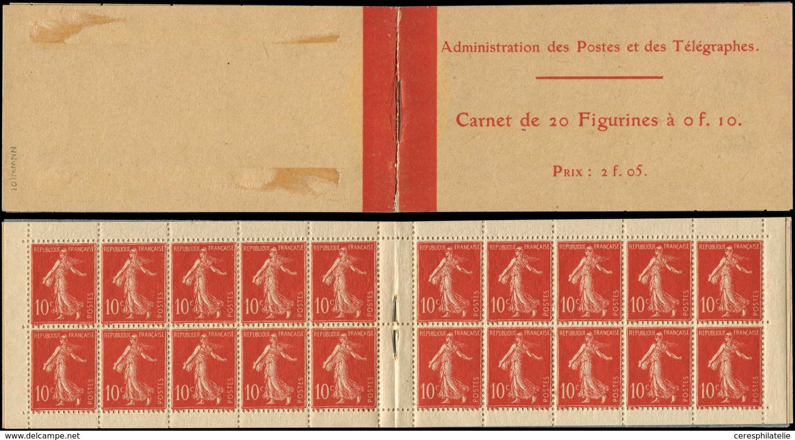 CARNETS (N°Cérès Jusqu'en1964) - 3    Semeuse Chiffres Maigres, 10c. Rouge, N°135B, T III, Luxe - Sonstige & Ohne Zuordnung