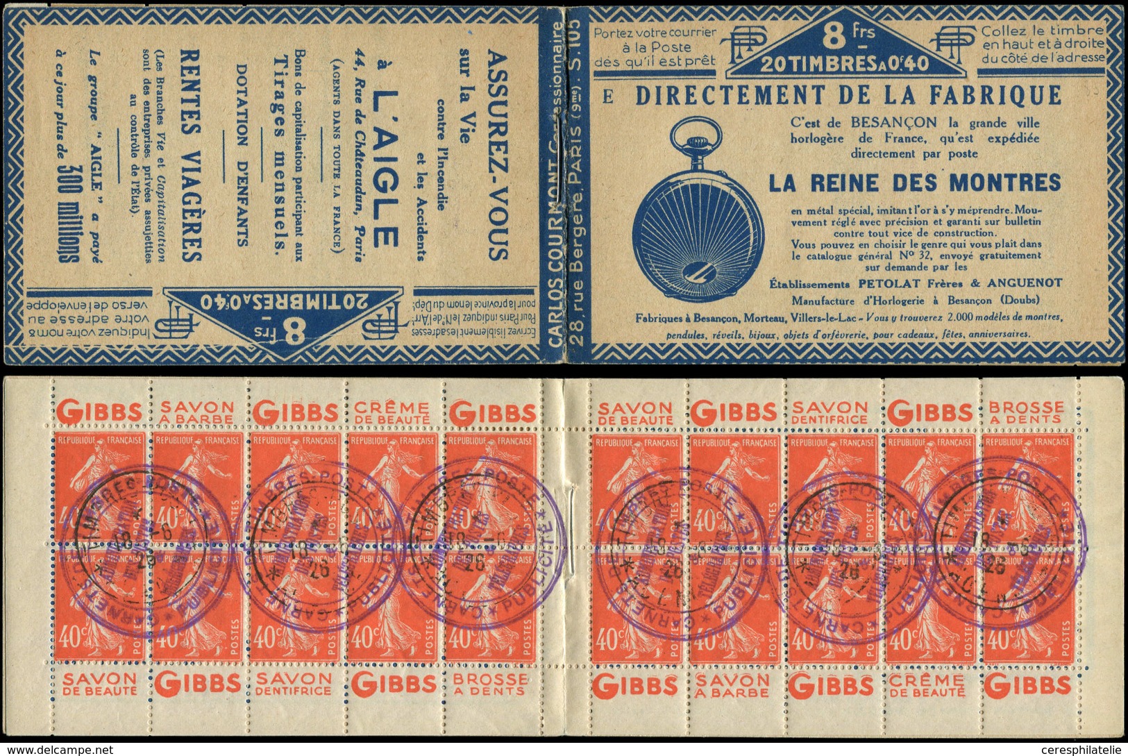 CARNETS (N°Cérès Jusqu'en1964) - 63a  Semeuse Camée, 40c. Vermillon, N°194A, T I, S. 105-E, REINE Des MONTRES, Annulatio - Sonstige & Ohne Zuordnung