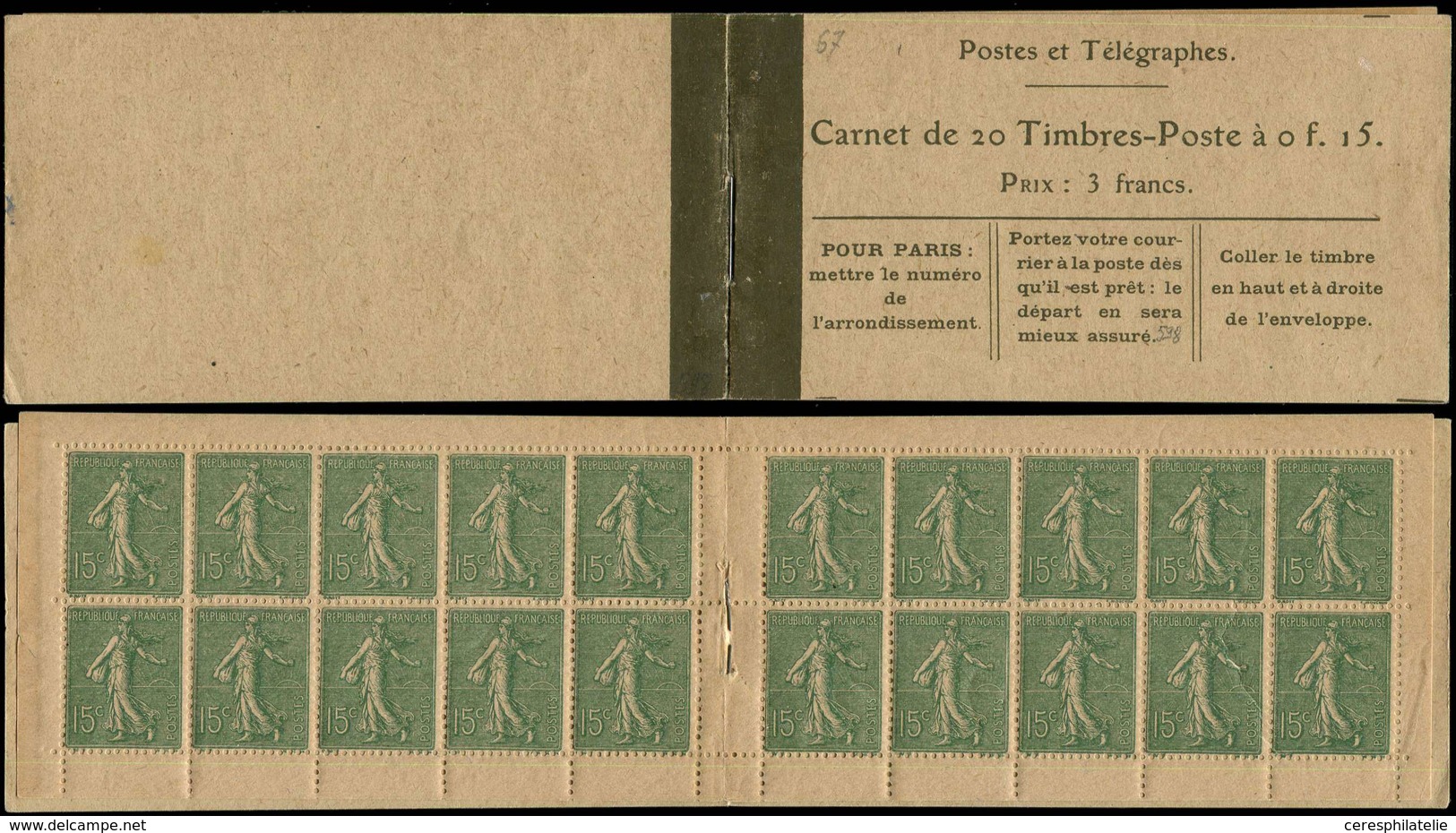 CARNETS (N°Cérès Jusqu'en1964) - 67   Semeuse Lignée, 15c. Vert-olive, N°130D, T V, Haut De Feuille, 2 Ex. *, 2 Ex. Froi - Sonstige & Ohne Zuordnung