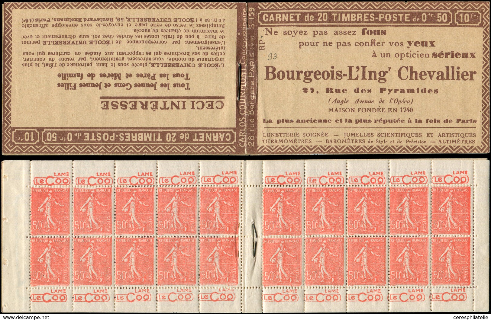 CARNETS (N°Cérès Jusqu'en1964) - 93   Semeuse Lignée, 50c. Rouge, N°199B, T IIB, S. 159-RP, BOURGEOIS-L'INGr CHEVALLIER, - Sonstige & Ohne Zuordnung