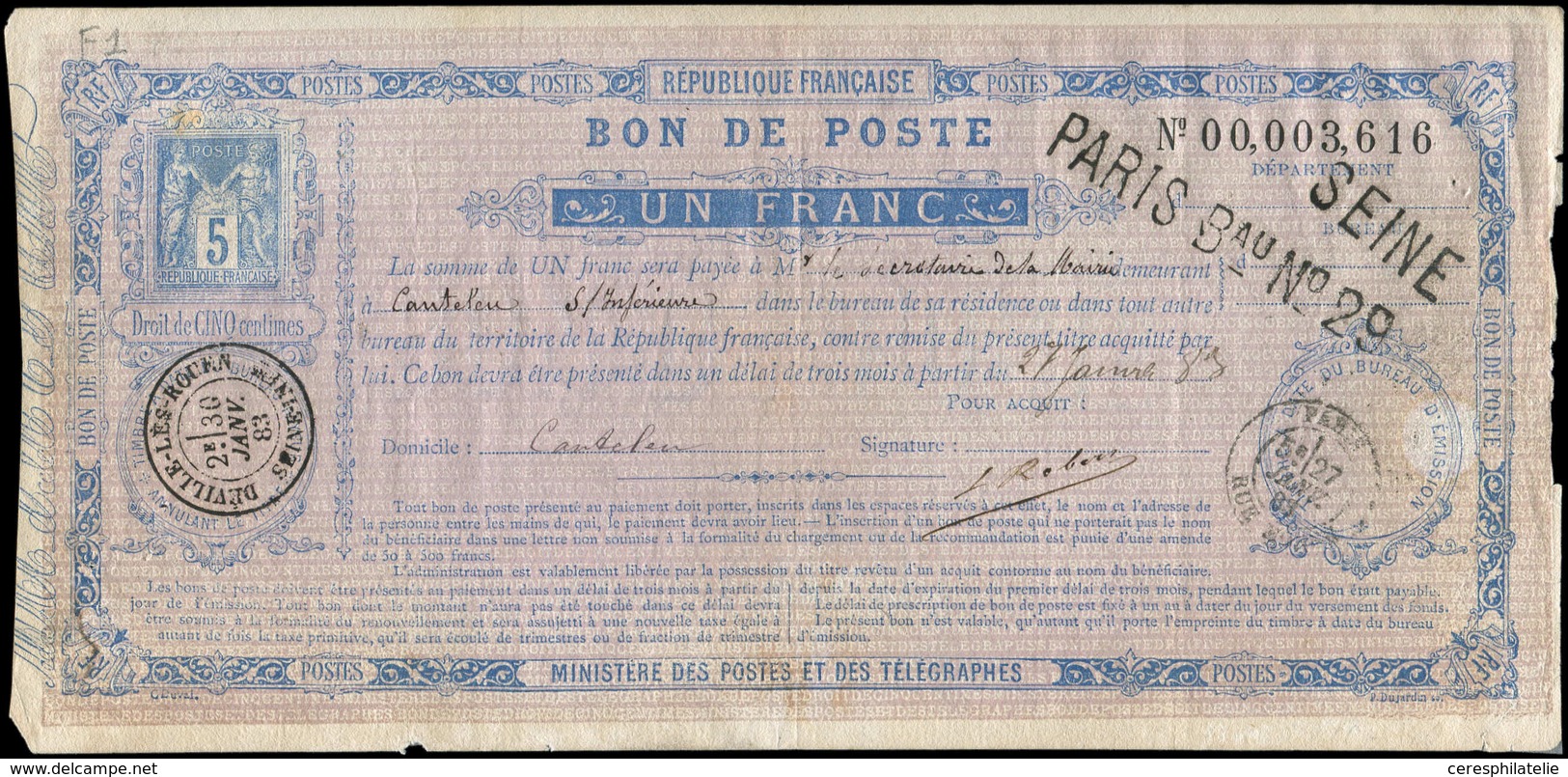 Let ENTIERS POSTAUX - Sage,  5c. Bleu, Bon De Poste N°F1, Càd Paris 21/1/83 Et DEVILLE-les-ROUEN 30/1, TB - Sonstige & Ohne Zuordnung