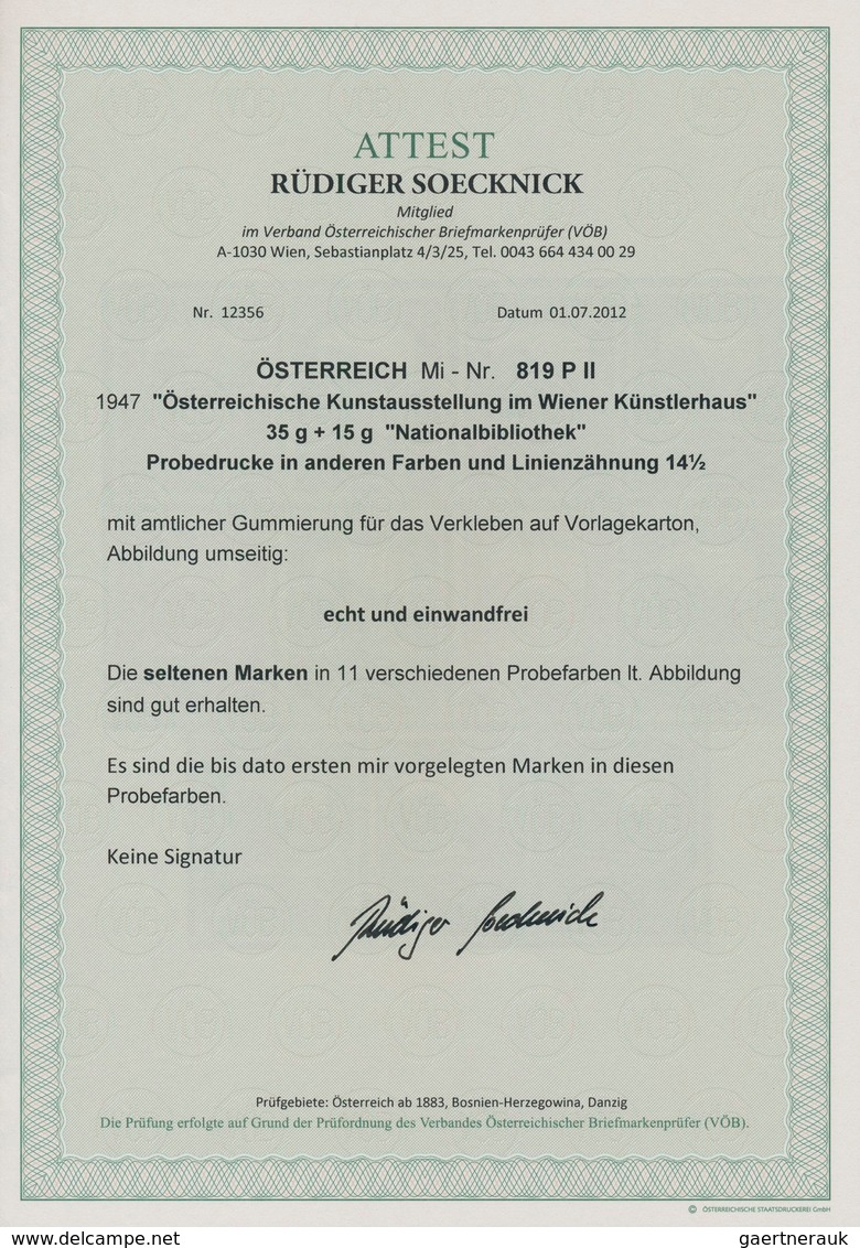 Österreich: 1947, 35 Gr. + 15 Gr. "Kunstausstellung", 22 verschiedene Farbproben in Linienzähnung 14