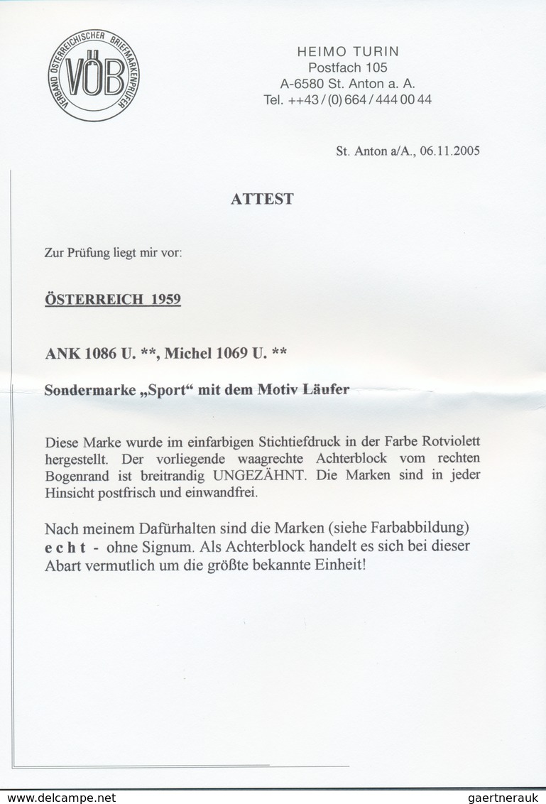 Österreich: 1959, 1 Sch. "Läufer" Ungezähnt Im Rand-8er-Block, Postfrisch, Unsigniert. Fotoattest He - Other & Unclassified