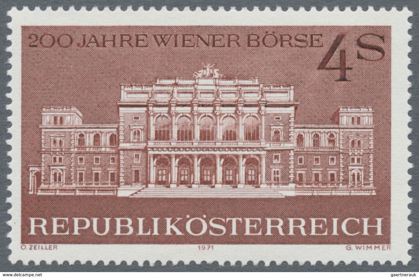 Österreich: 1971, 4 Sch. "Weiner Börse", drei Phasendrucke in Schwarz (1.-3- Phase) , je Einzelabzug