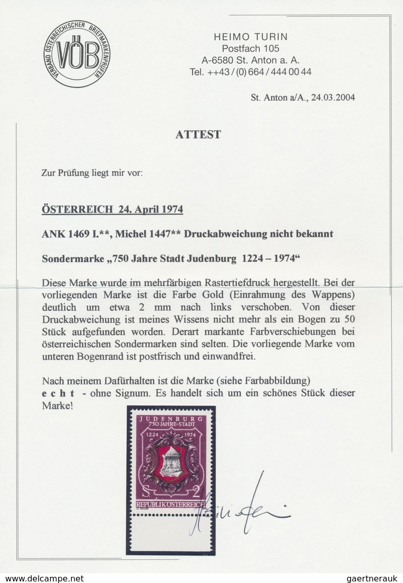 Österreich: 1974, 2 Sch. "Judenburg" Vom Unterrand Mit Abart "Farbe Gold Ca. 2mm Nach Links Verschob - Sonstige & Ohne Zuordnung