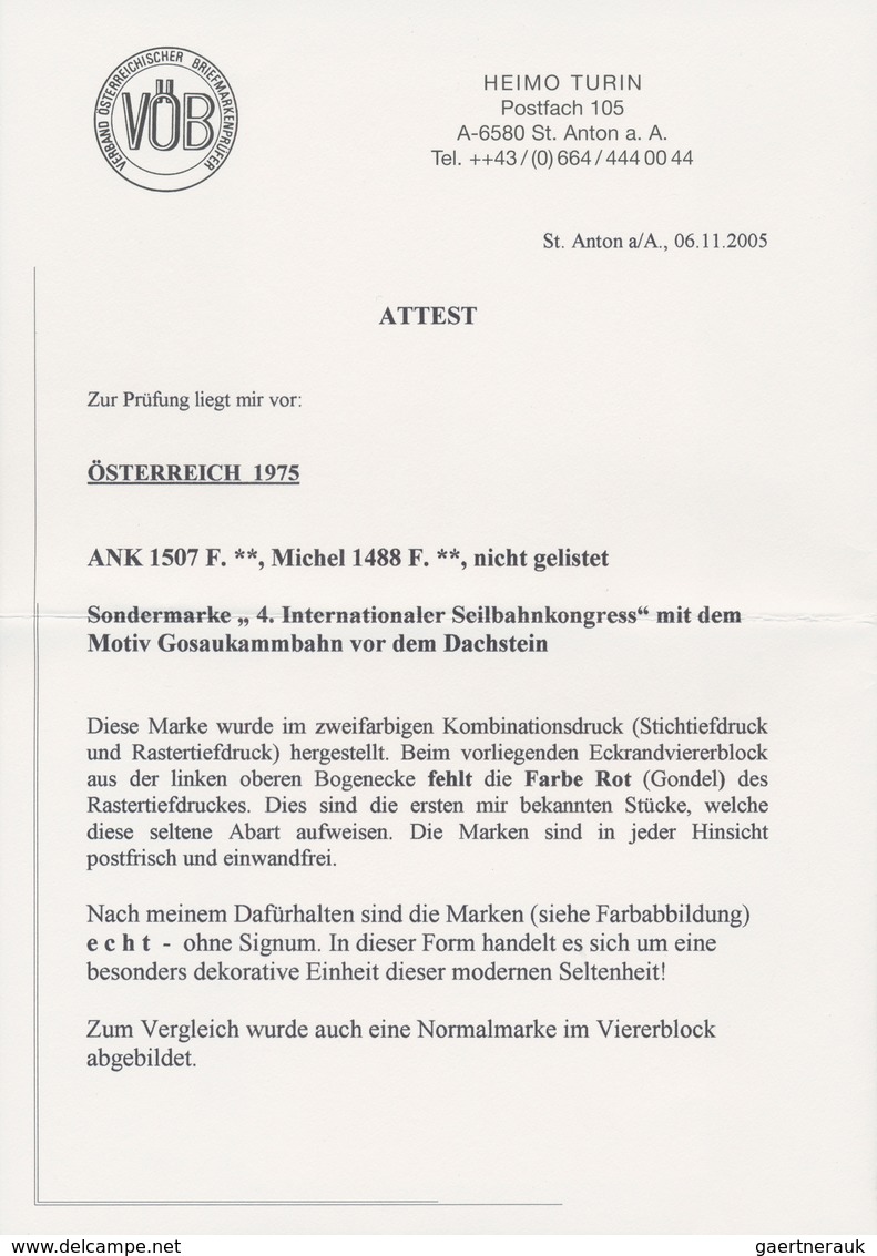 Österreich: 1975, 2 Sch. "Seilbahnkongreß" Mit Abart "fehlender Rotdruck" Im Eckrand-4er-Block Links - Sonstige & Ohne Zuordnung
