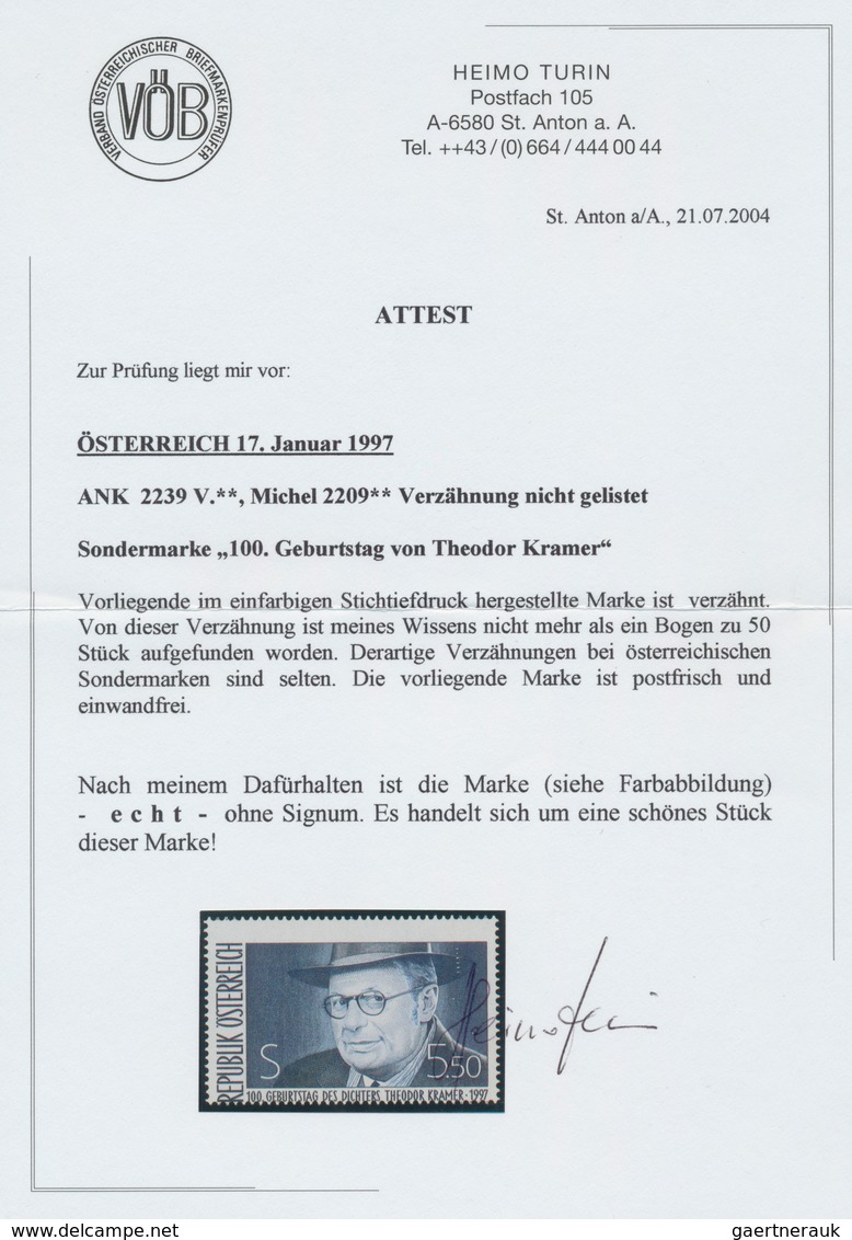 Österreich: 1997. Theodor Kramer, 100. Geburtstag Mit Der Abart "VERZÄHNUNG, Dadurch Markenbild Nach - Sonstige & Ohne Zuordnung