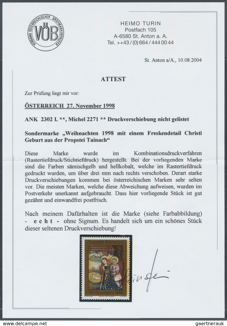 Österreich: 1998. Weihnachten "Christi Geburt" Mit Der Abart "Farben Sämischgelb Und Hellkobalt Um ü - Sonstige & Ohne Zuordnung