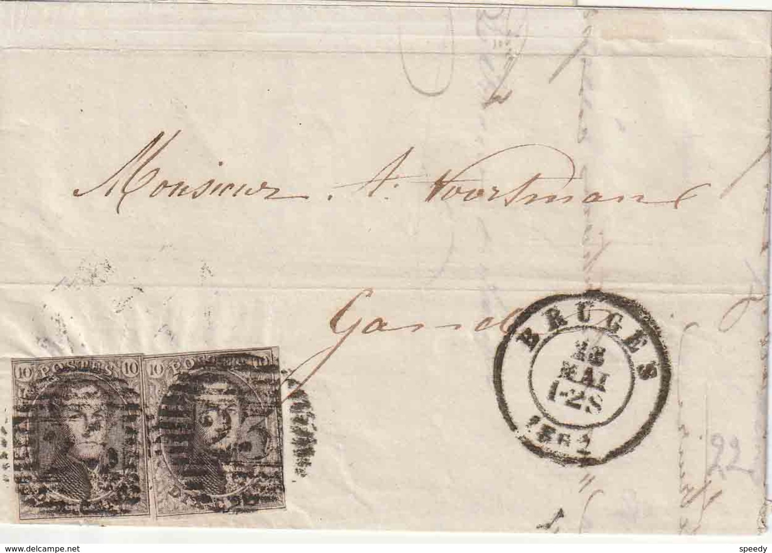 BELGIË : Bf Met 2 PZ NR. 10  LIJNSTEMPEL "23" DCS "BRUGES  28 MAI 1862" Naar GENT - 1849-1865 Medallions (Other)