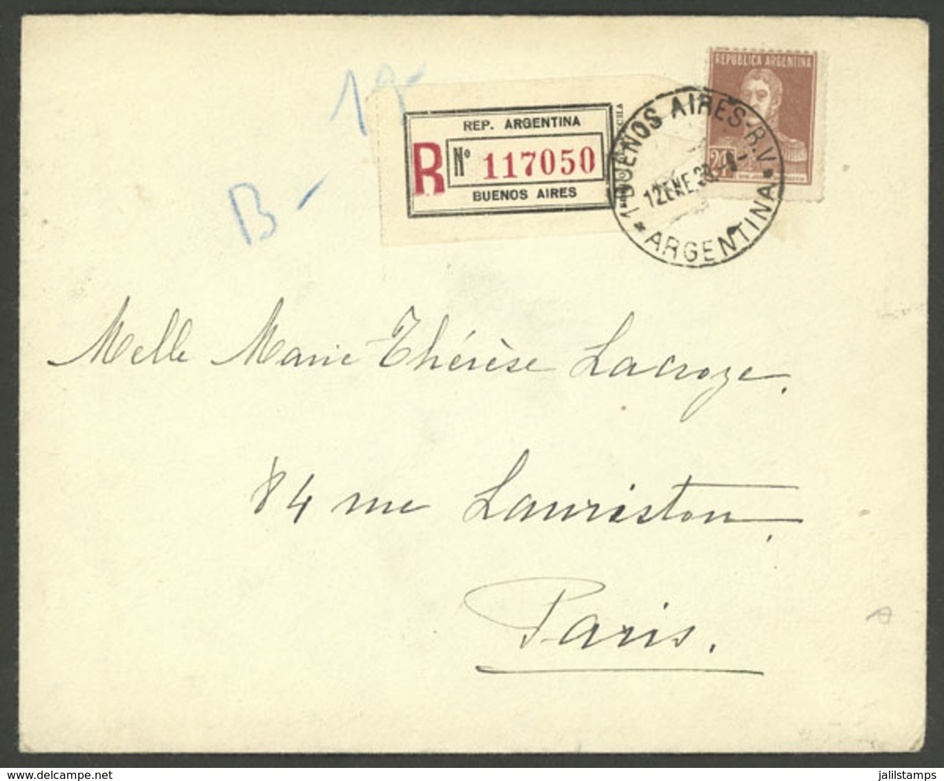 ARGENTINA: Registered Cover Sent From Buenos Aires To Paris On 12/NO/1929, Franked With 24c. San Martin W/o Period, VF Q - Brieven En Documenten