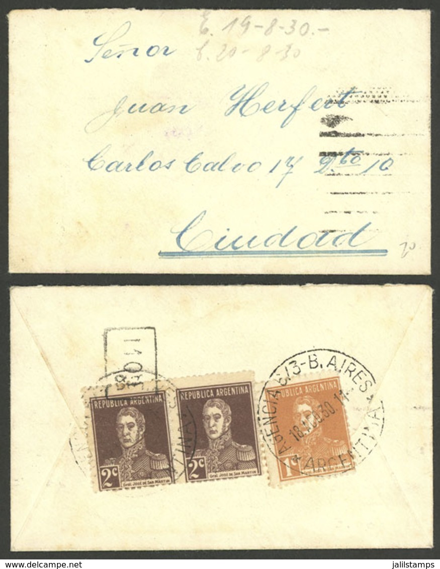 ARGENTINA: Small Cover Used In Buenos Aires On 18/AU/1930, Franked With 1c. And 2x 2c. San Martín W/o Period, VF Quality - Brieven En Documenten