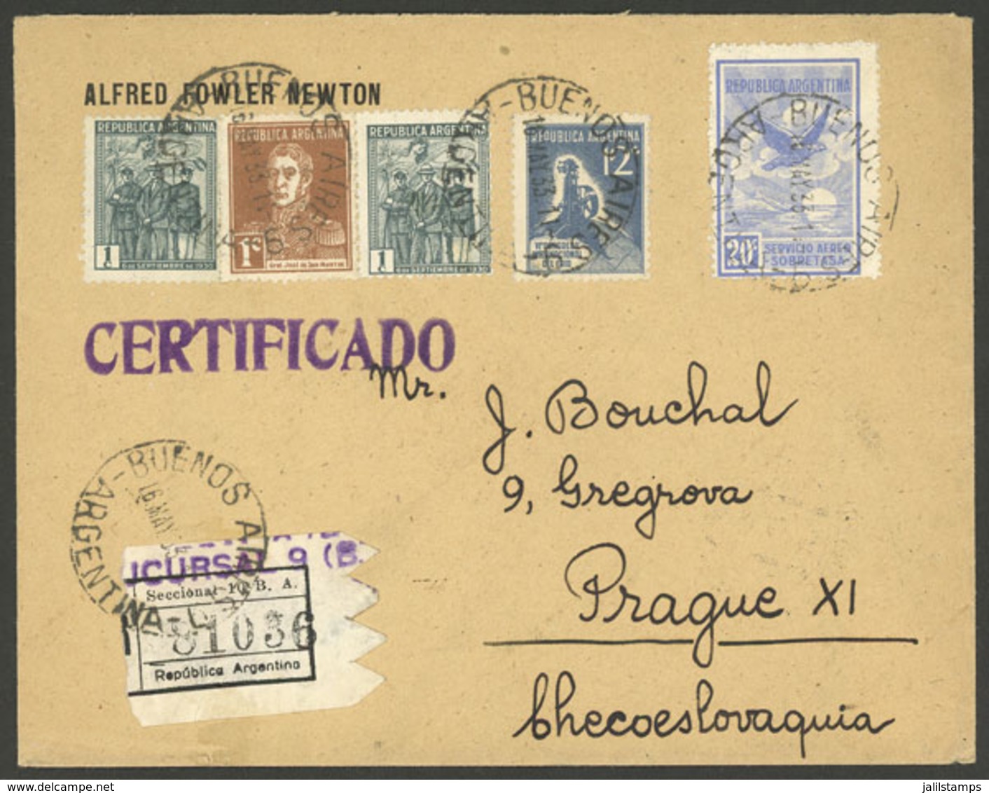 ARGENTINA: Registered Cover Sent From Buenos Aires To Prague On 16/MAY/1933, Franked 35c. With Stamps Of Several Issues, - Brieven En Documenten