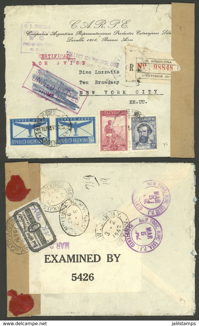 ARGENTINA: 18/FE/1942: Buenos Aires - New York, Registered Cover Franked With $5.45, Examined By US Customs And Censored - Brieven En Documenten