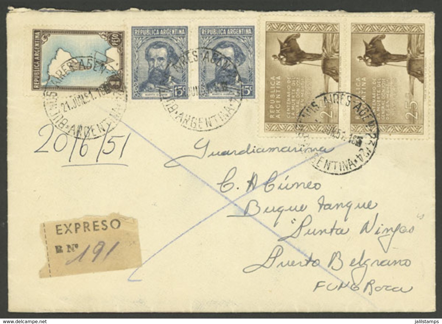 ARGENTINA: Express Cover Sent From Buenos Aires To Tank Ship "Punta Ninfas" (moored At Belgrano Port) On 21/JUN/1951, Fr - Brieven En Documenten