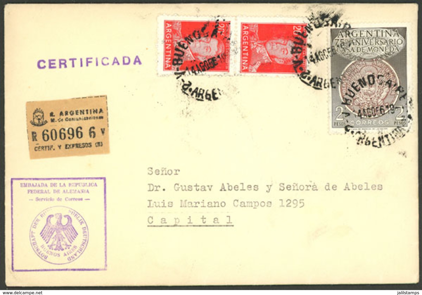 ARGENTINA: Registered Cover Used In Buenos Aires On 14/AU/1956, Franked With 2x 20c. San Martín + $2 Mint, VF Quality - Brieven En Documenten