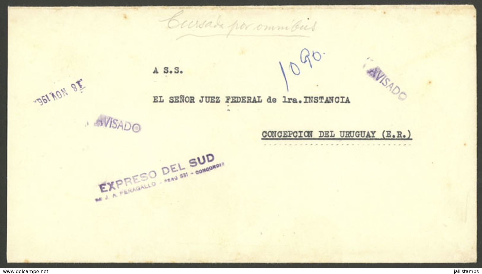 ARGENTINA: Cover Sent From Concordia To Concepción Del Uruguay (Entre Ríos) In Circa 1962 By "EXPRESO DEL SUD" Bus, VF Q - Brieven En Documenten