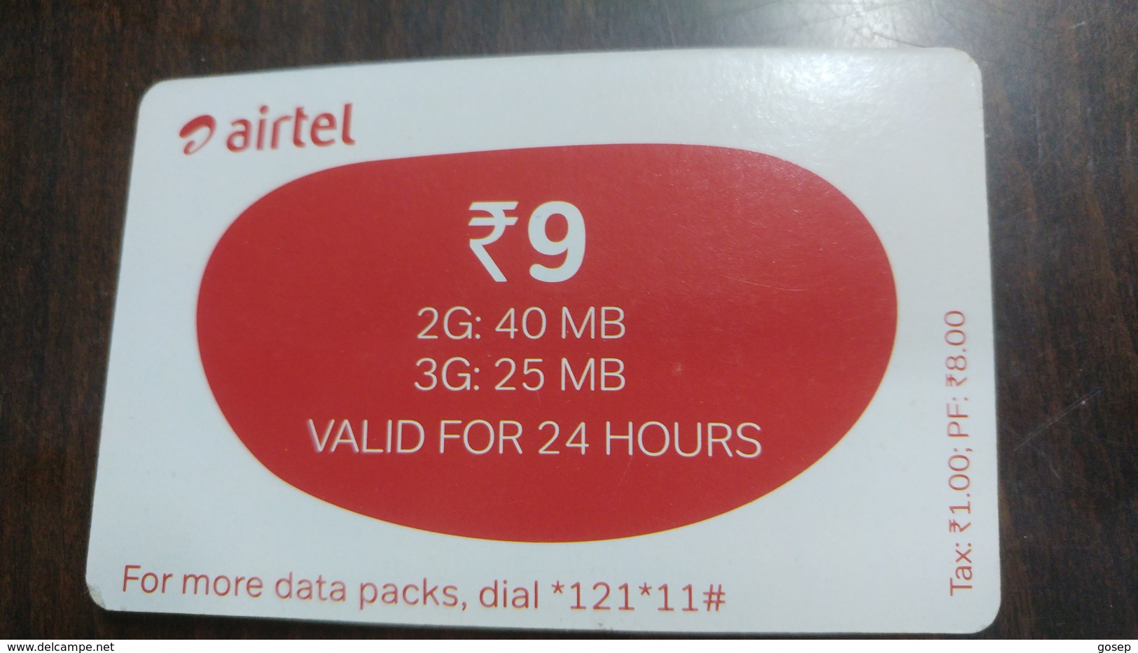 India-airtel-instant Recharge-(9 Ruppia)-2g: 40 Mb-3g: 25mb 24hours-(5)-30.9.2016-used Card+1 Card Prepiad Free - India