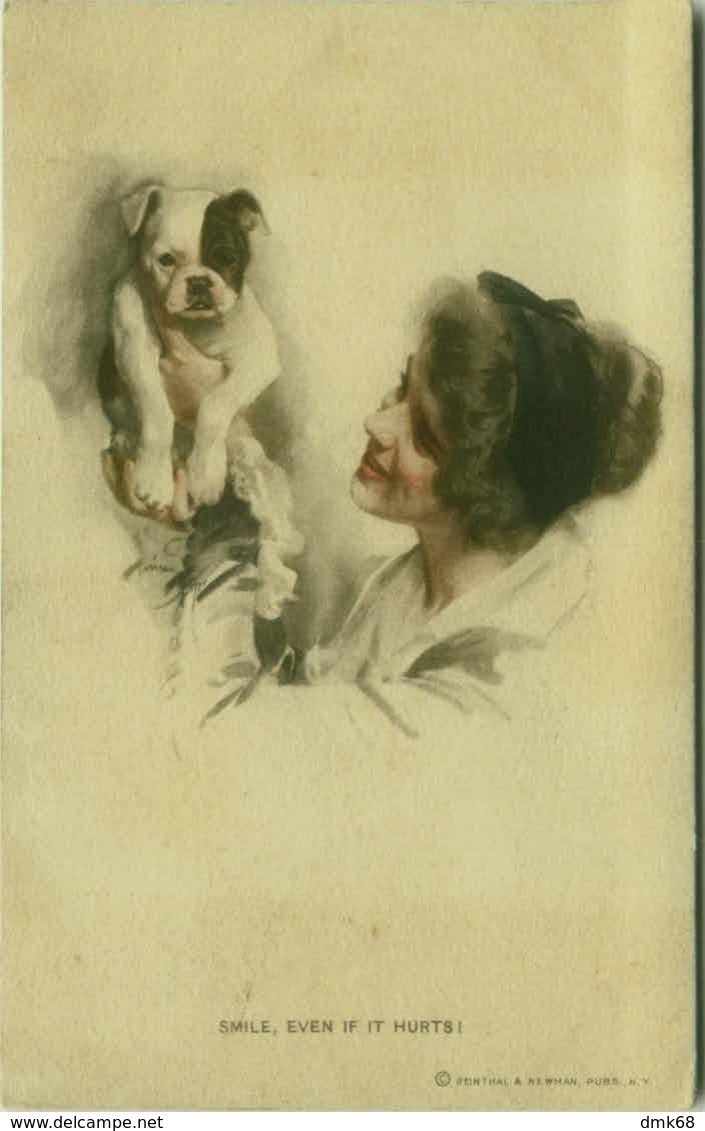 HARRISON FISCHER SIGNED 1910s POSTCARD - WOMAN & DOG - EDIT REINTHAL & NEWMAN N.385 ( BG35) - Fisher, Harrison