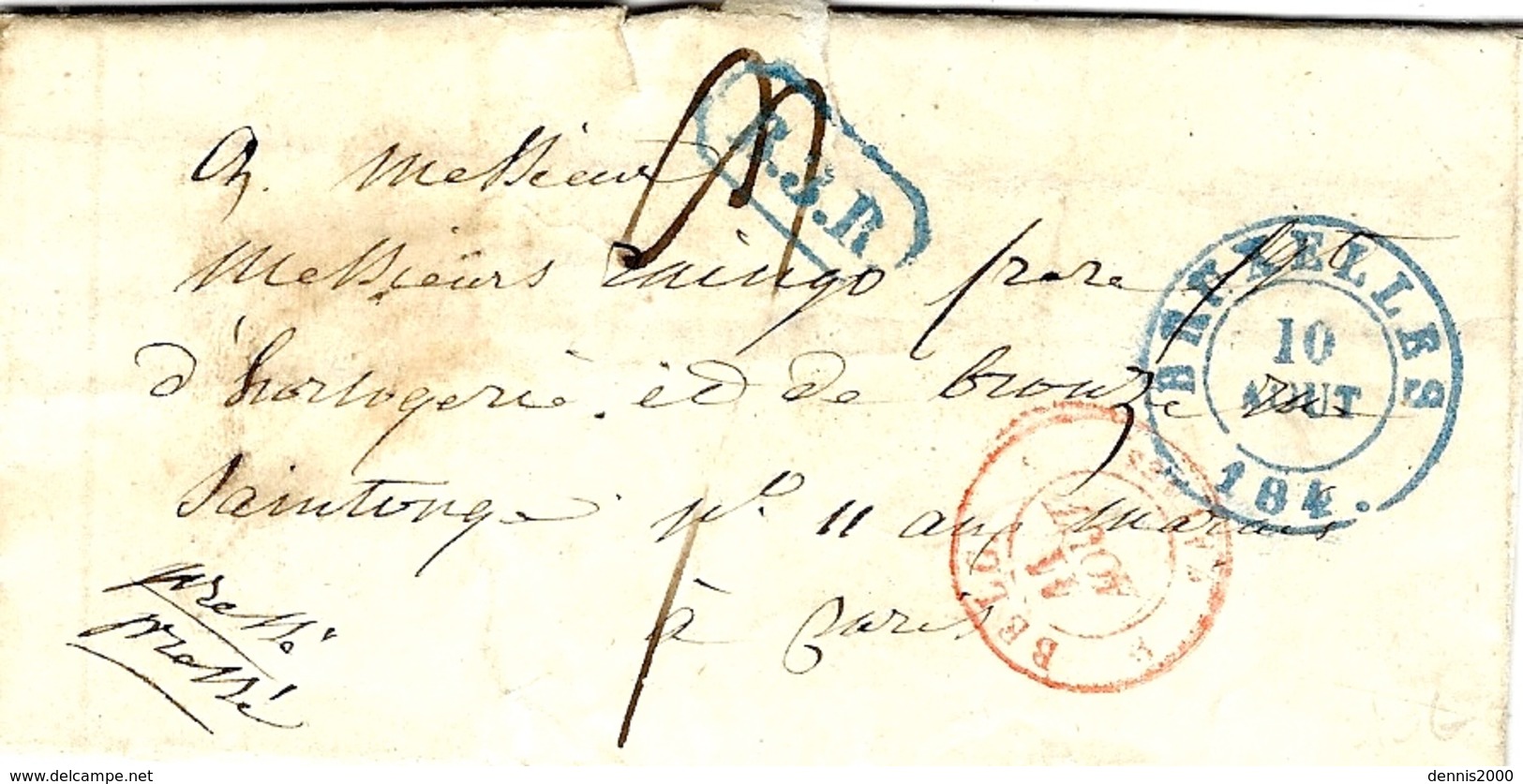 1840- Enveloppe En Port Du De BRUXELLES  Taxe 9 D; Pour La France + B.3.R   Bleu - 1849-1865 Medallions (Other)