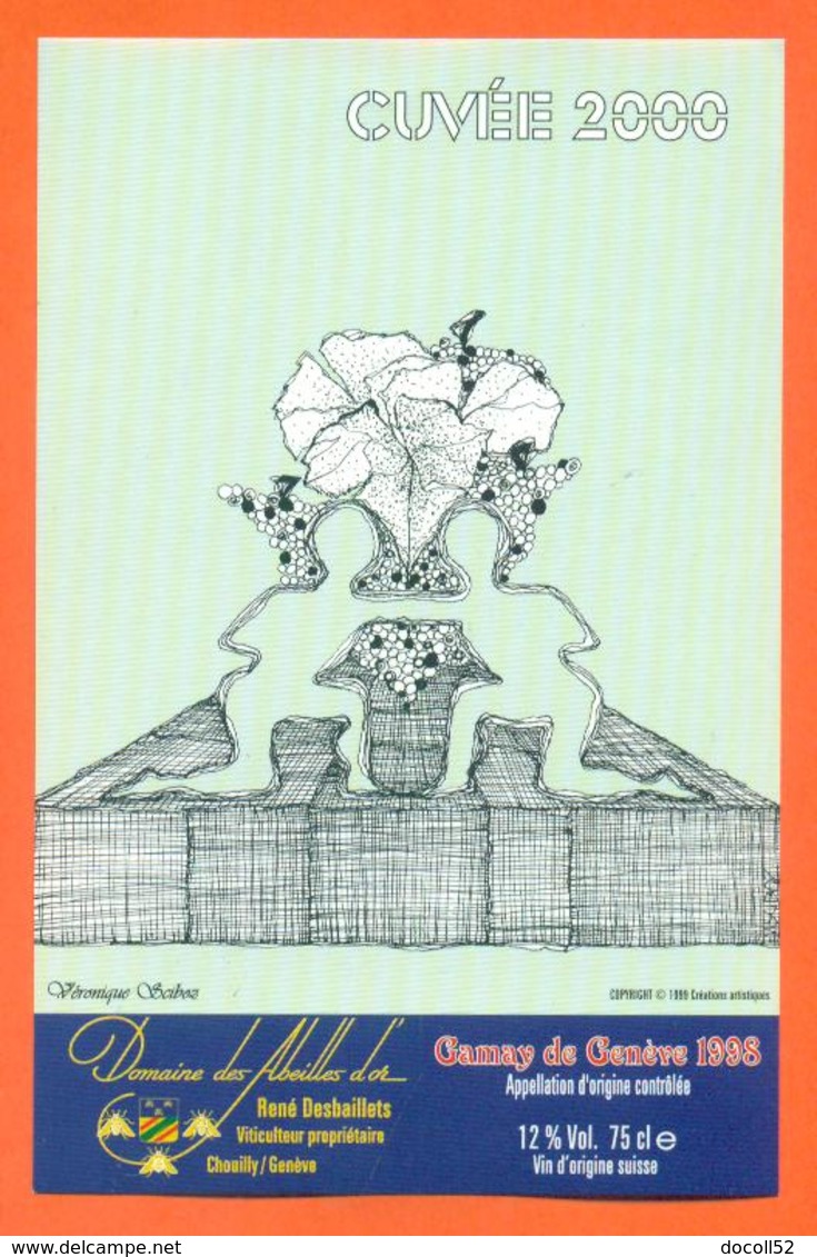 étiquette Vin Suisse Gamay De Genève 1998 Cuvée 2000 Signe Du Zodiaque Gémeaux Domaine Des Abeilles D'or  - 75 Cl - Année 2000