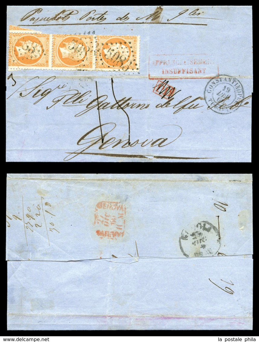 O N°23, 40c Orange, Bande De 3 Obl GC 5083 Sur Lettre Triple Port Taxée Du 19 Dec 1866 à Destination De Gênes, Griffe 'P - 1849-1876: Periodo Clásico