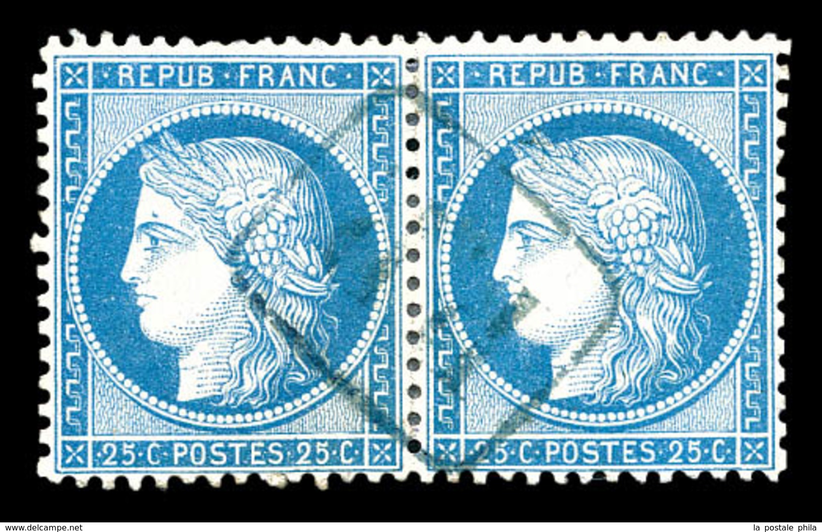 O N°60, 25c Bleu En Paire Obl 'PP' Encadré En Bleu. SUP (signé Brun/certificat)  Qualité: O - 1849-1876: Klassik