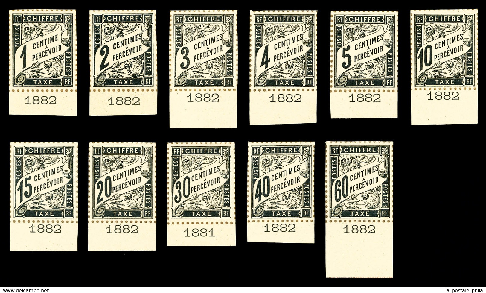 (*) N°10/21, Taxe De 1881: 1c, 2c, 3c, 4c, 5c, 10c, 15c, 20c, 30c, 40c, 60c Noir Impression Sur Bristol Dentelure Figuré - 1859-1959 Used