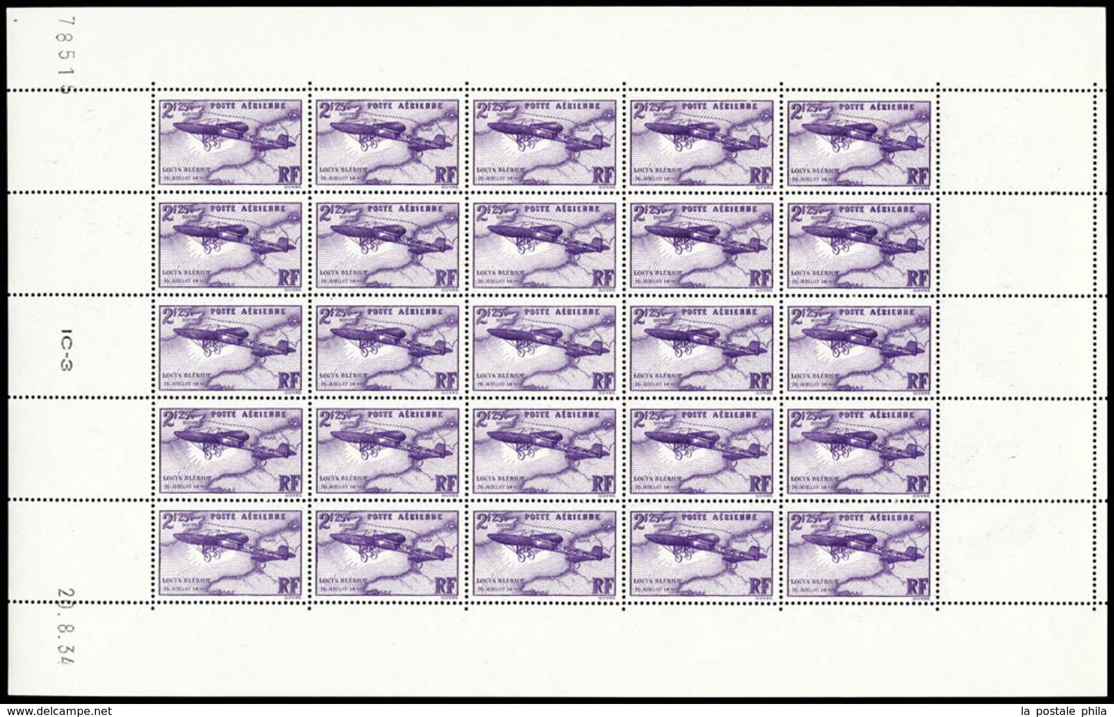 ** N°7, Blériot, 2F25 Lilas En Feuille De 25 Exemplaires Datée Du 20/8/34, SUP (certificat)  Qualité: **  Cote: 1175 Eur - Full Sheets